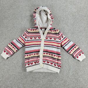 Gymboree Kids Cardigan Sweater 4 Red Beige Fair Isle Heart Print Hooded Cotton